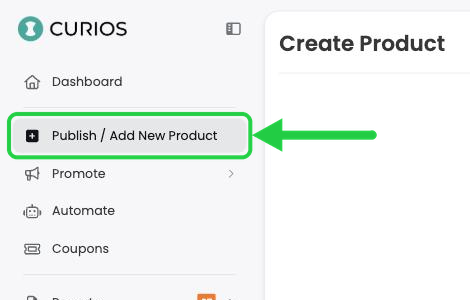 Publish / Add New Product in the Curios Studio left menu