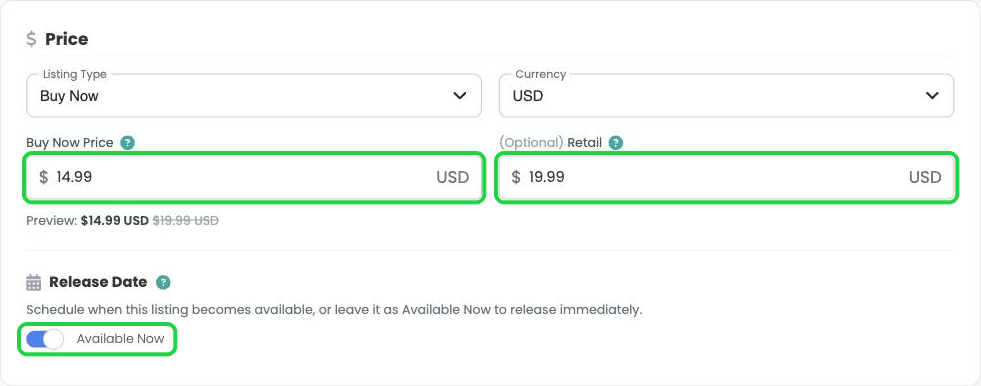Buy Now Price, Retail price and the Available Now switch