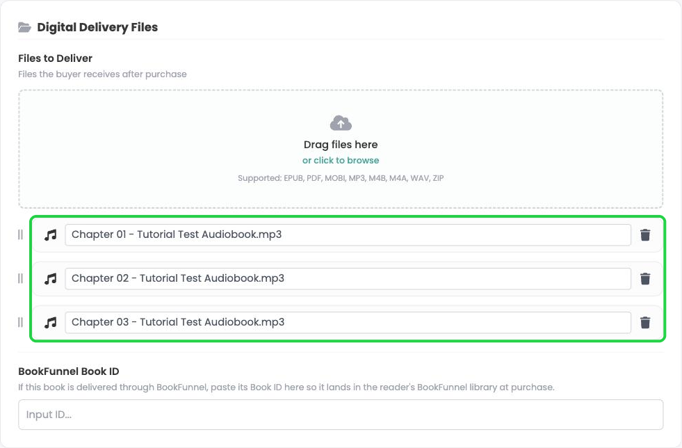 Three chapter MP3 files listed under Files to Deliver