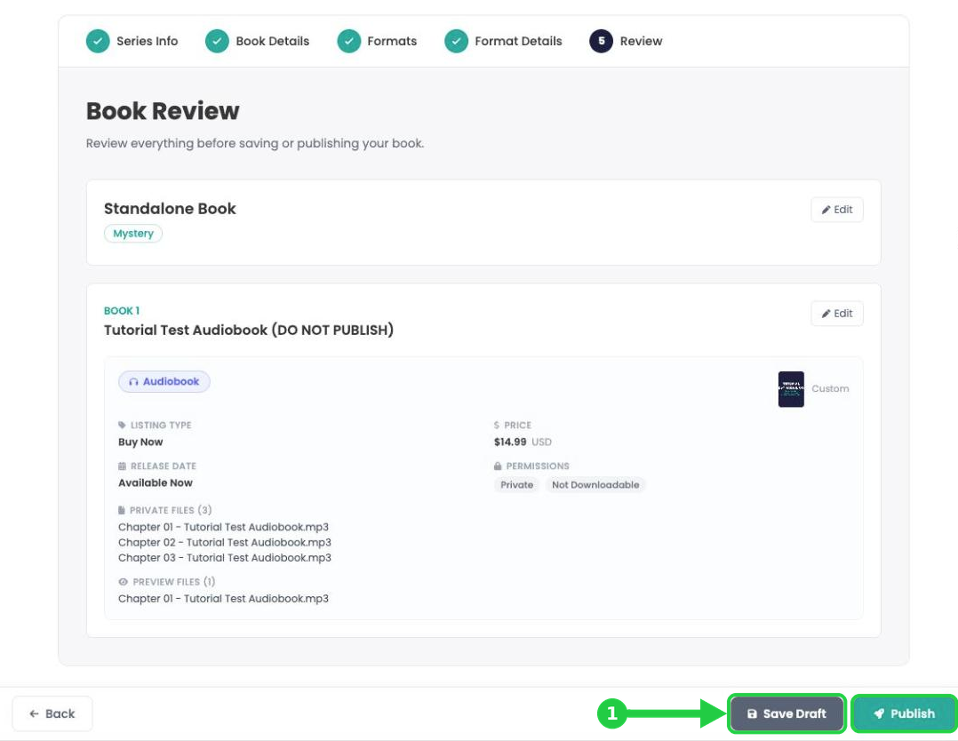 The Book Review page for an audiobook, with Save Draft and Publish