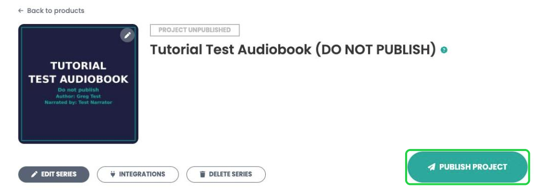 The product page with the Publish Project button