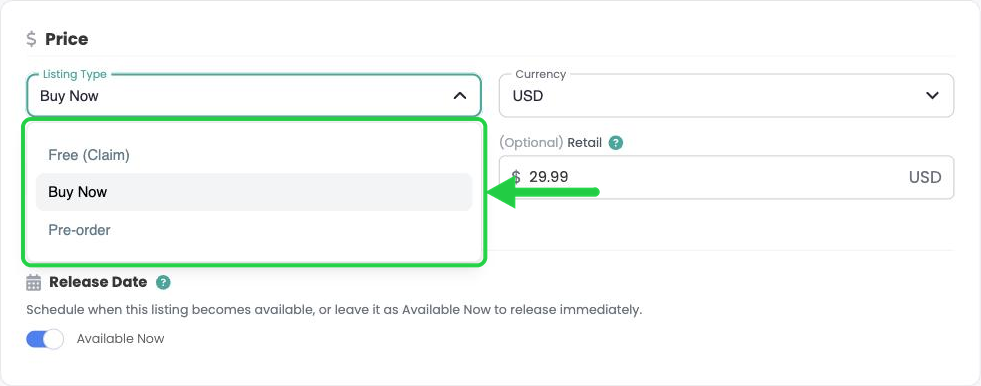 The Listing Type menu showing Free (Claim), Buy Now and Pre-order