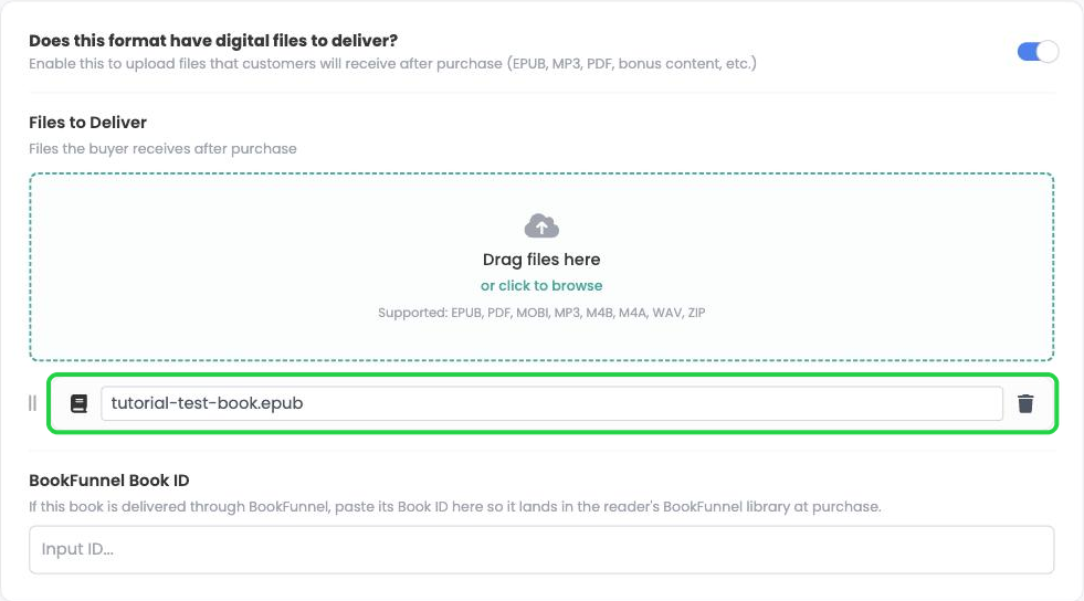 An EPUB listed under Files to Deliver