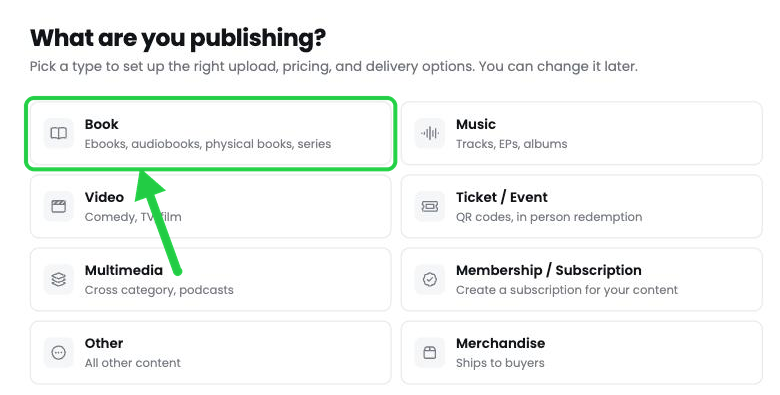 The Book option on the What are you publishing page