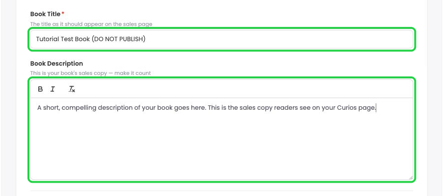 Book Title and Book Description fields