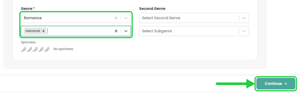 Genre and subgenre selected, with the Spiciness rating and the Continue button