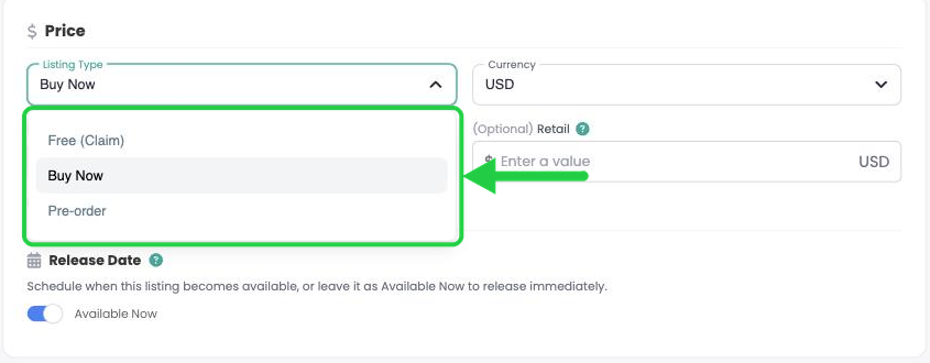 The Listing Type menu showing Free (Claim), Buy Now and Pre-order