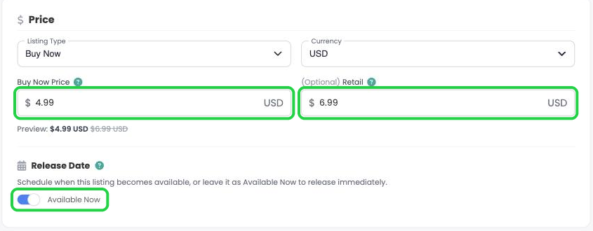 Buy Now Price, Retail price and the Available Now switch