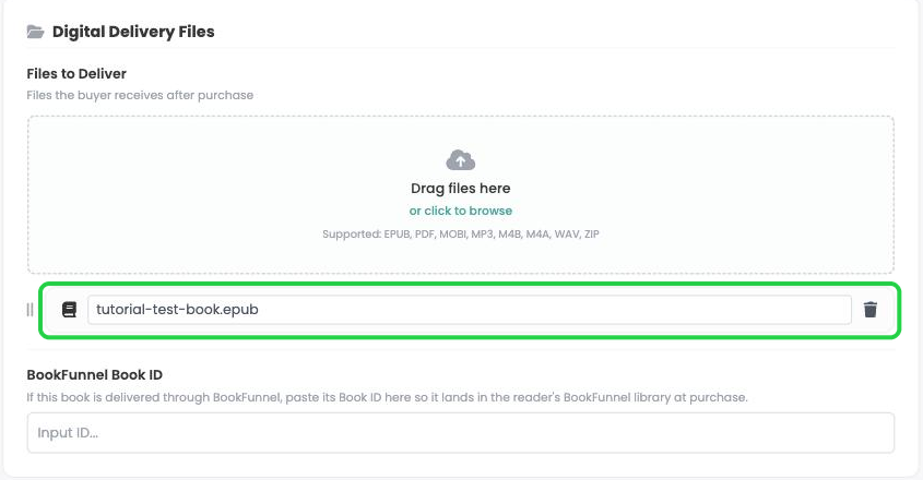 An uploaded EPUB listed under Files to Deliver