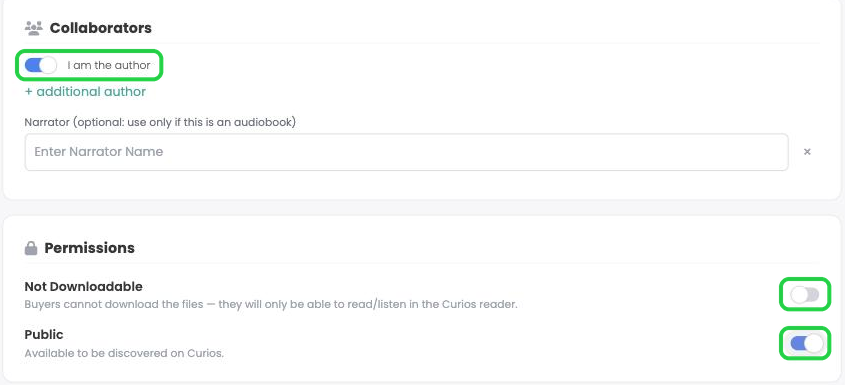 The I am the author switch and the download and visibility switches