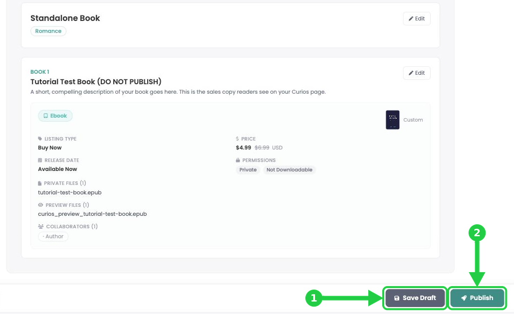 The Book Review page with the Save Draft and Publish buttons
