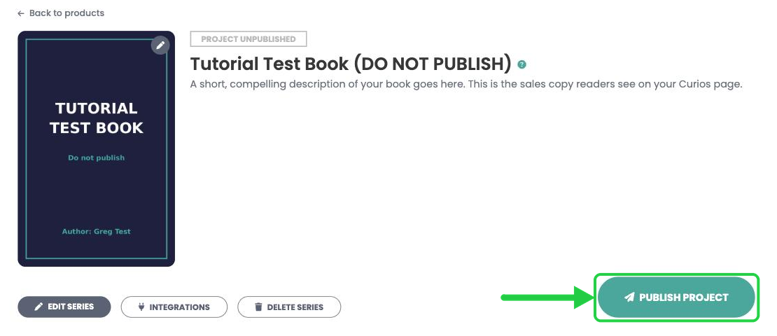 The Publish Project button on the product page