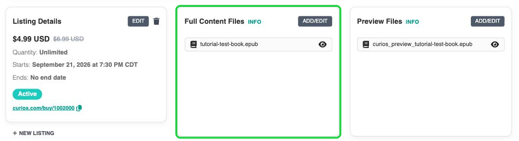 Listing Details, Full Content Files and Preview Files on the product page