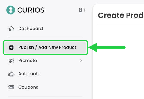 Publish / Add New Product in the Curios Studio left menu