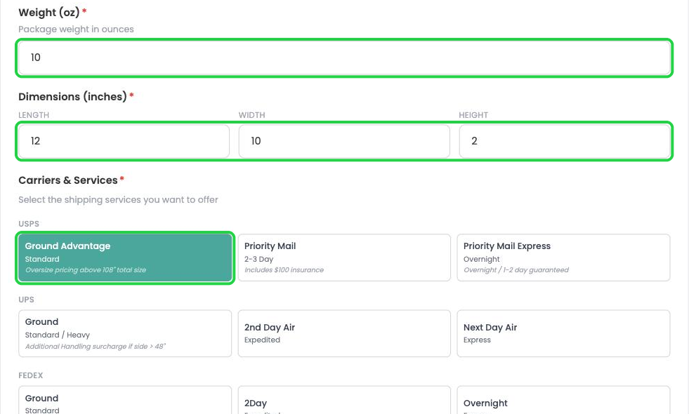 Weight, dimensions and selected carrier services