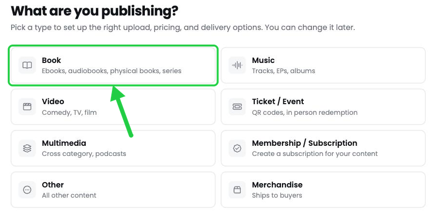 The Book option on the What are you publishing page