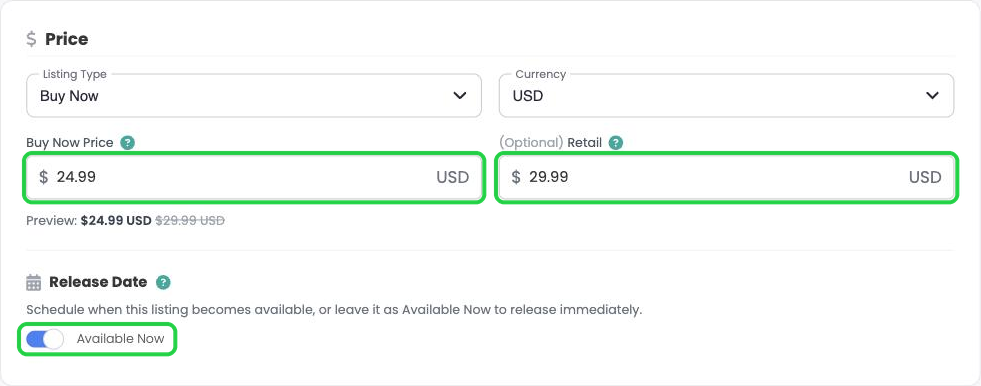 Buy Now Price, Retail price and the Available Now switch