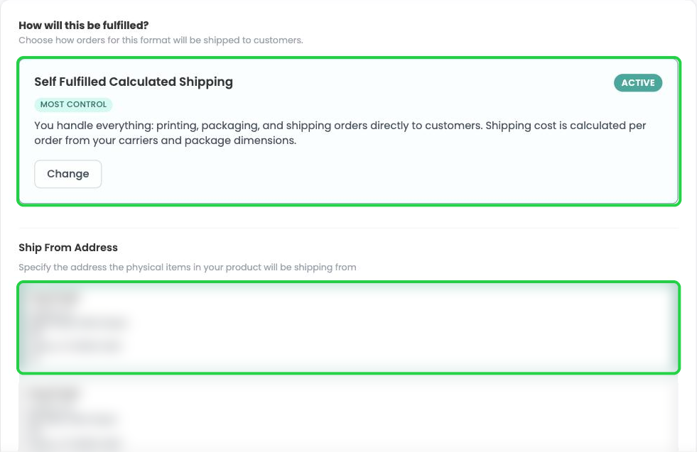 Self Fulfilled Calculated Shipping selected, with the Ship From Address