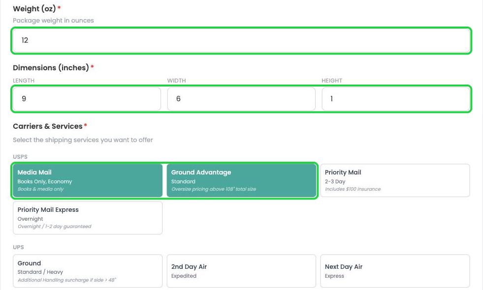 Weight, dimensions and selected carrier services