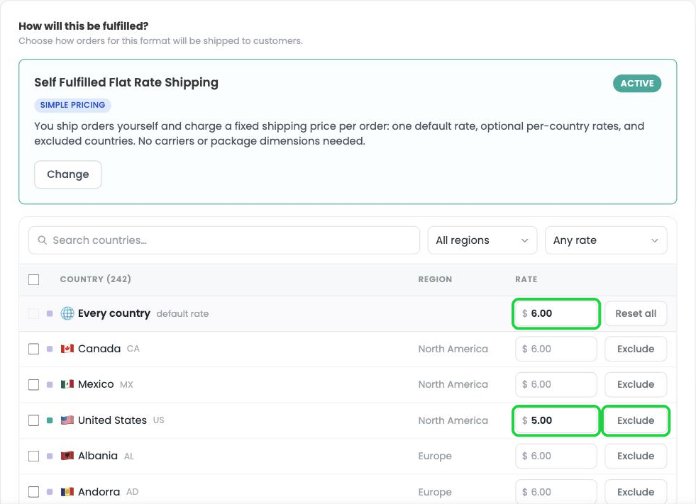 Flat rate shipping with a default rate and a country-specific rate