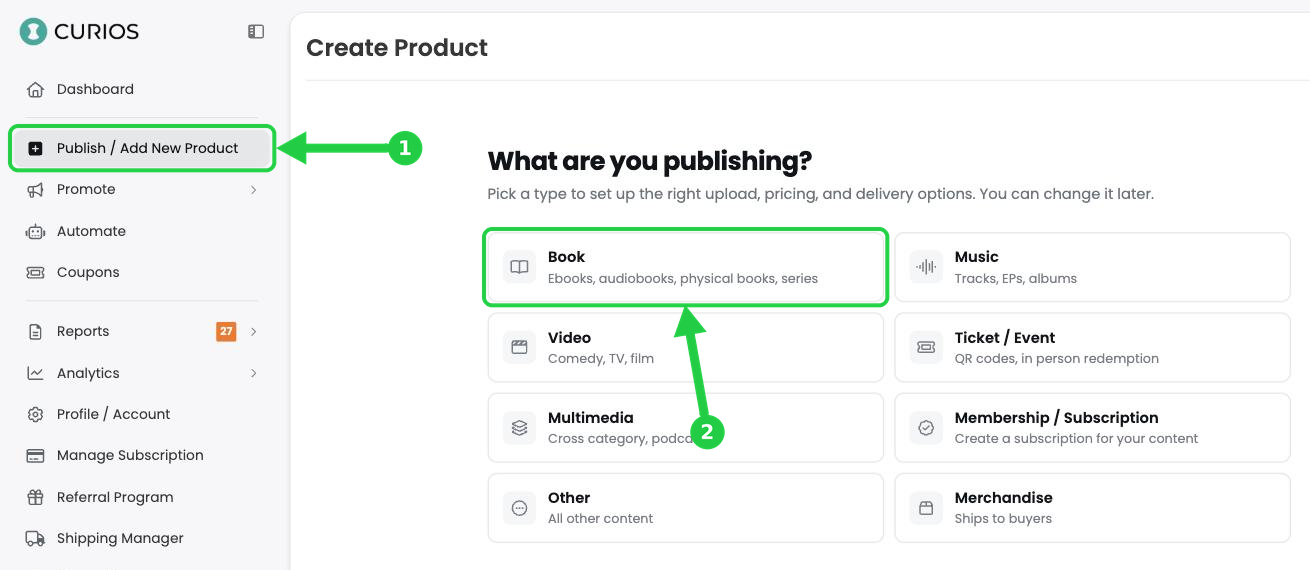 Publish / Add New Product in the left menu, then the Book option