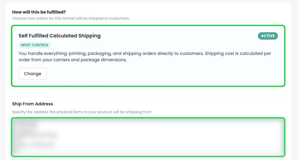 Self Fulfilled Calculated Shipping active, with the Ship From Address