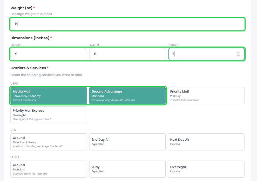 Weight, dimensions and the selected carrier services