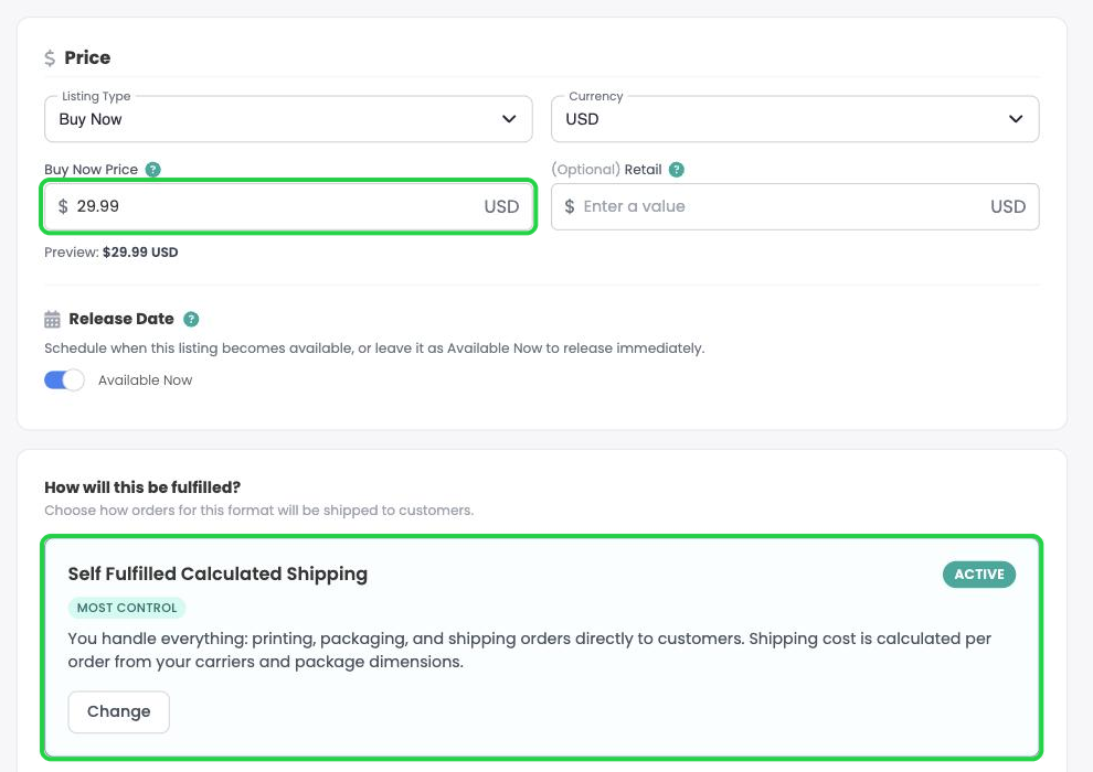 The combo pack price and Self Fulfilled Calculated Shipping active