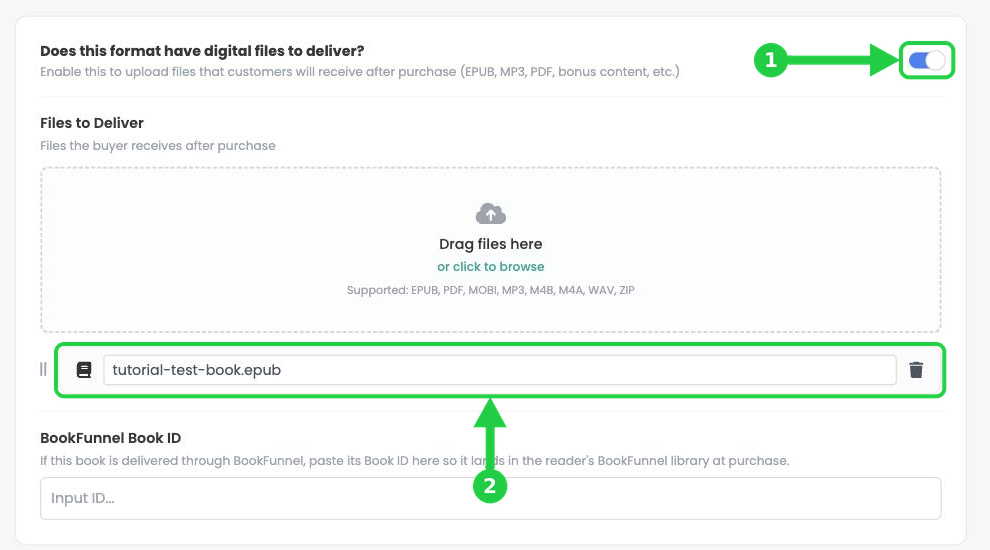 The digital files switch and the uploaded ebook file for the combo pack