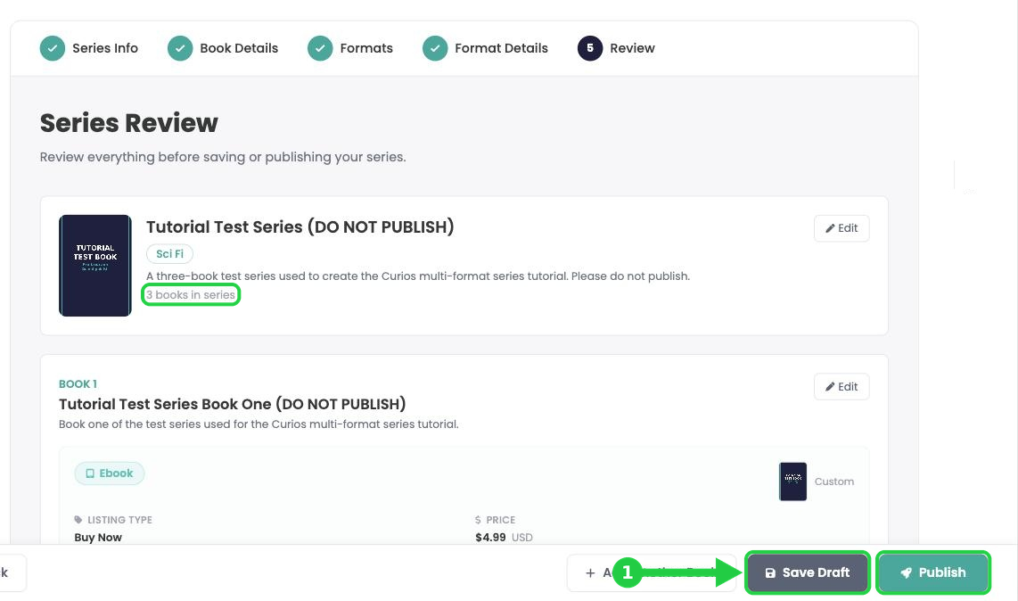 The Series Review page showing 3 books in series, with Save Draft and Publish