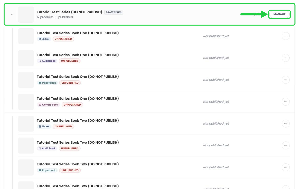 The draft series on the Studio dashboard with all 12 products listed