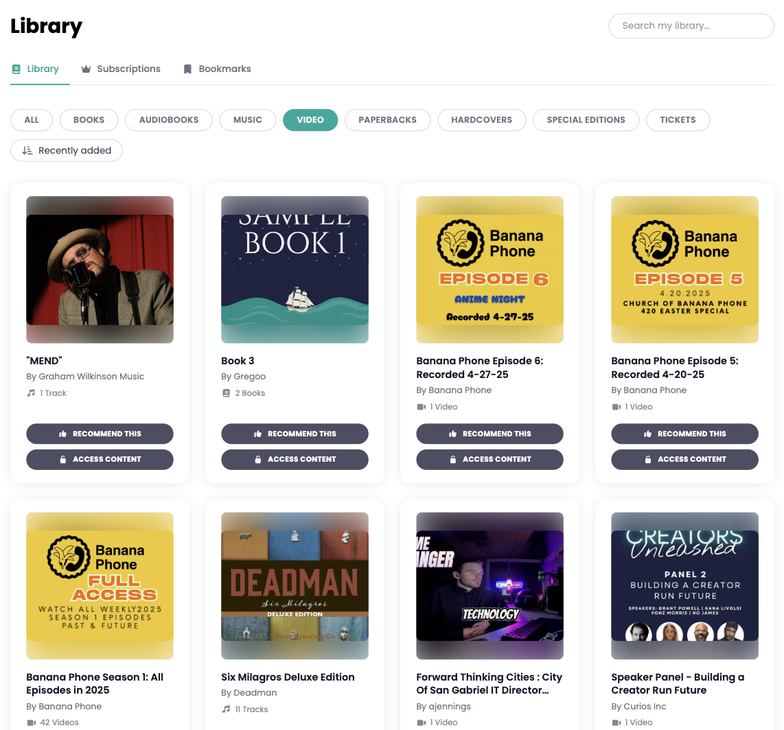 The buyer's Curios library filtered to Video