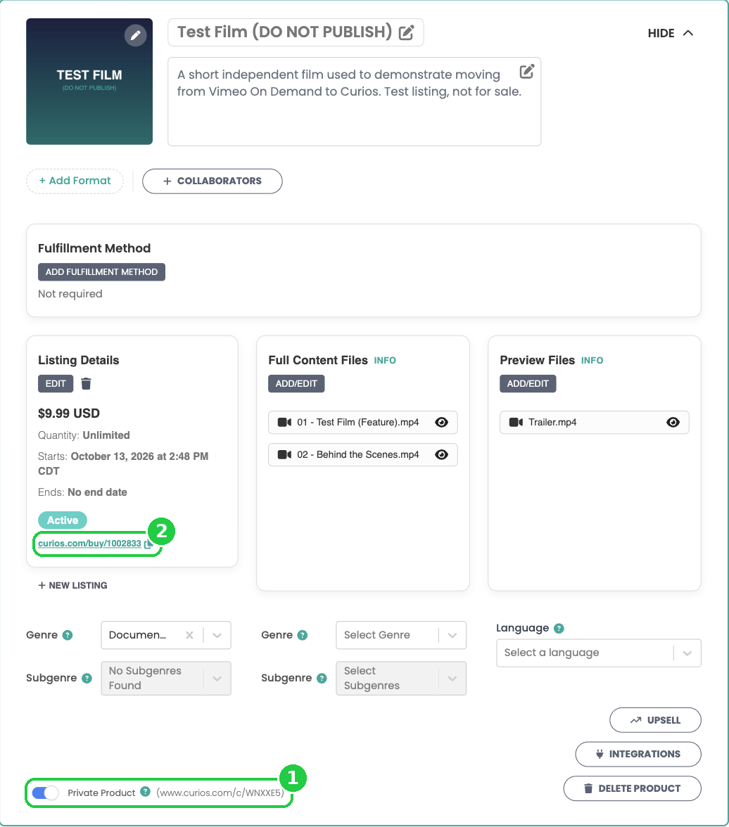 Listing Details with the buy link, Full Content Files, Preview Files and the Private Product switch