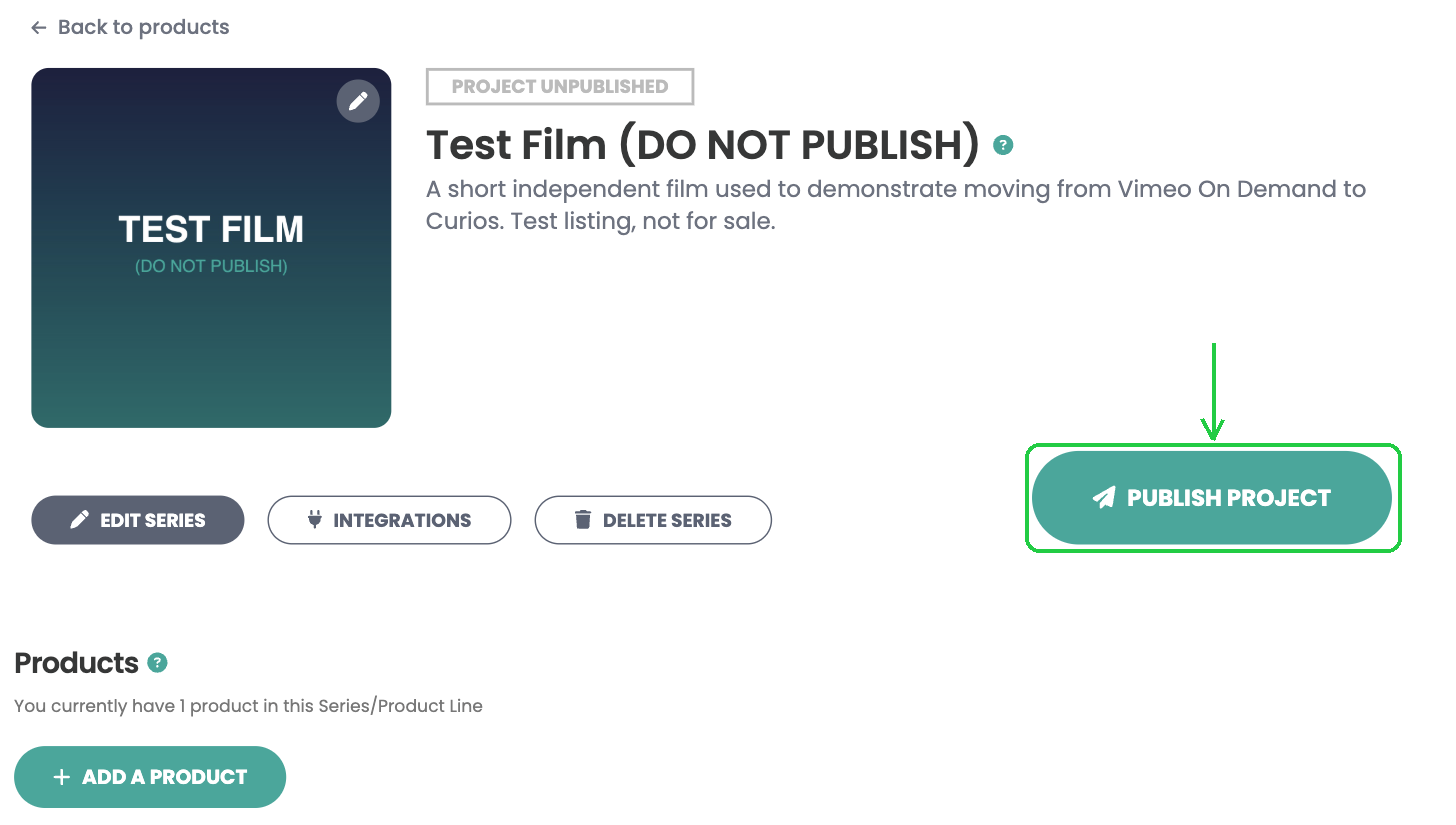 The product page with PROJECT UNPUBLISHED and the Publish Project button