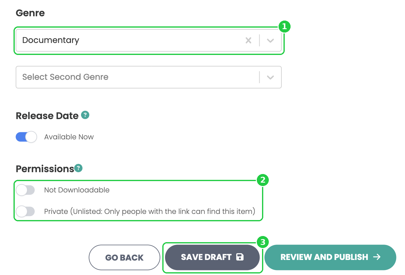 Genre, Release Date, Permissions and the Save Draft and Review and Publish buttons