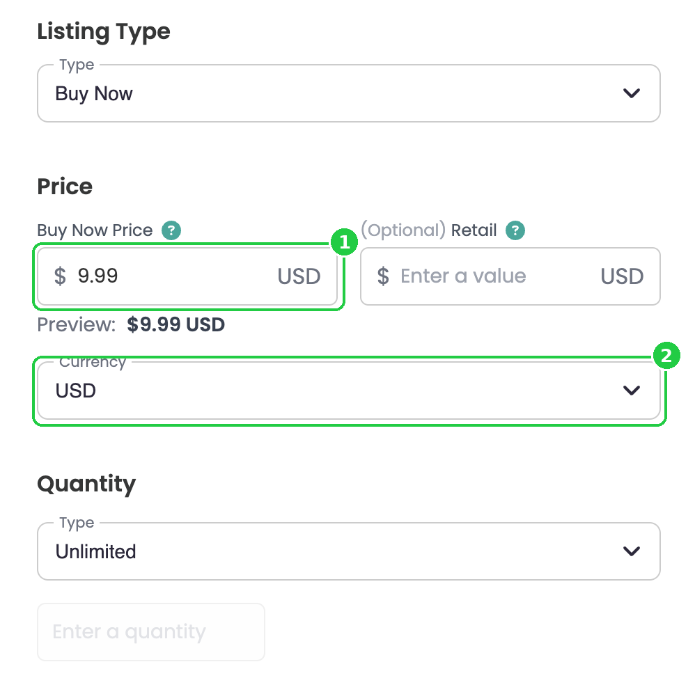 Buy Now Price, Retail price, Currency and Quantity