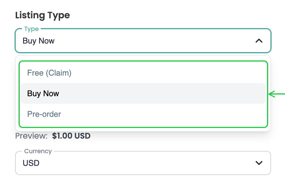 The Listing Type menu showing Free (Claim), Buy Now and Pre-order