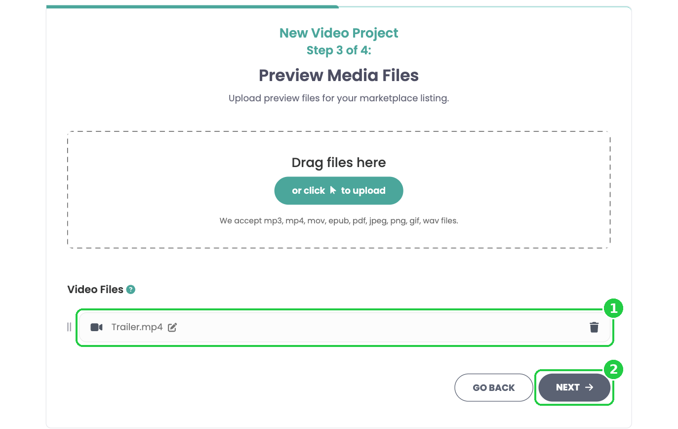 A trailer uploaded on the Preview Media Files step