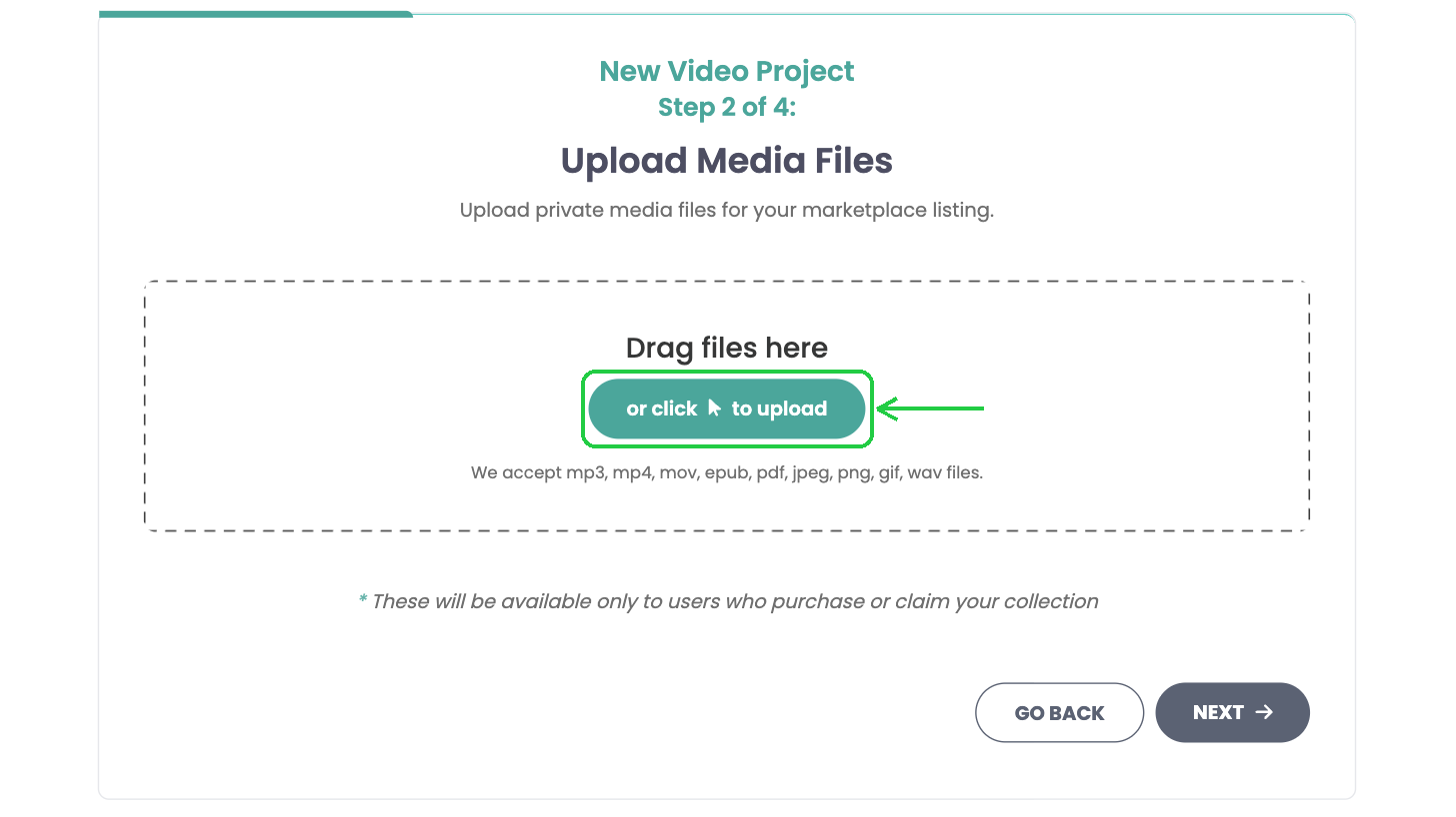 The Upload Media Files step with the upload box