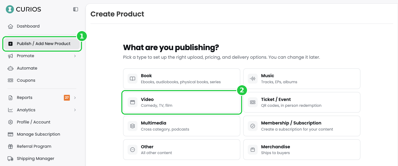 Publish / Add New Product in the left menu and the Video option