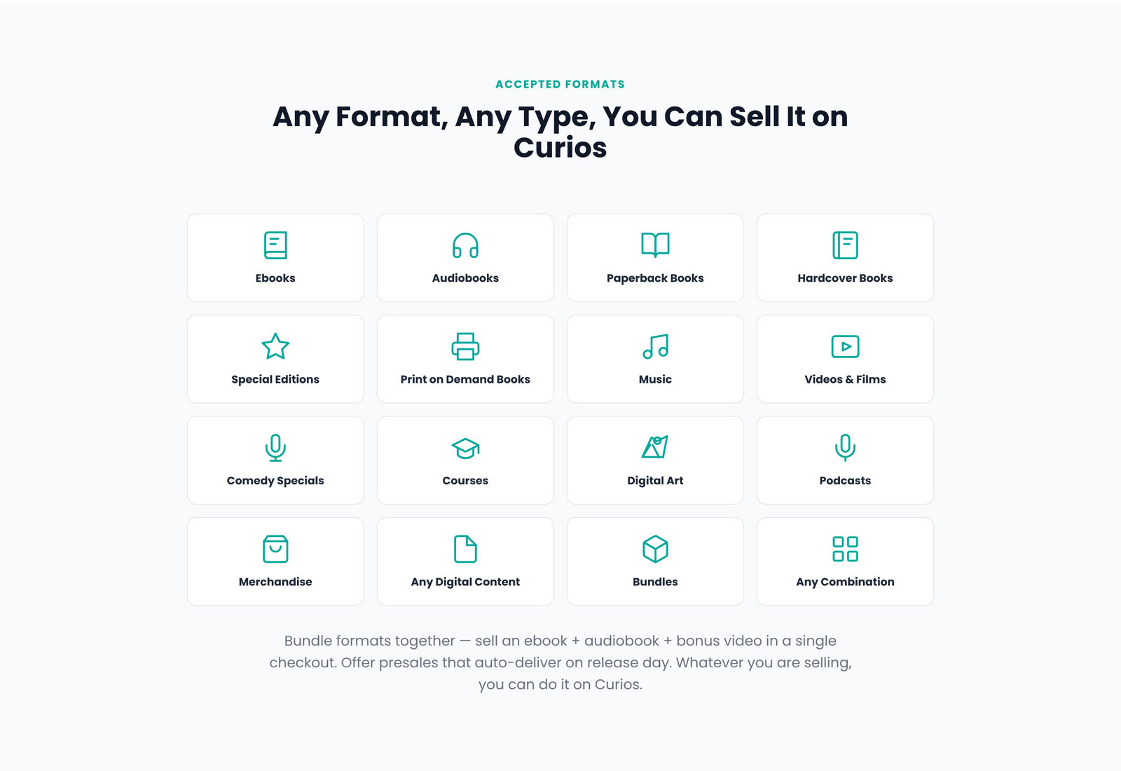 Accepted formats on Curios, including Videos and Films and Comedy Specials