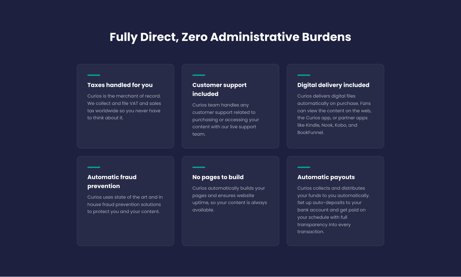 Taxes, customer support, digital delivery, fraud prevention, pages and payouts handled for you