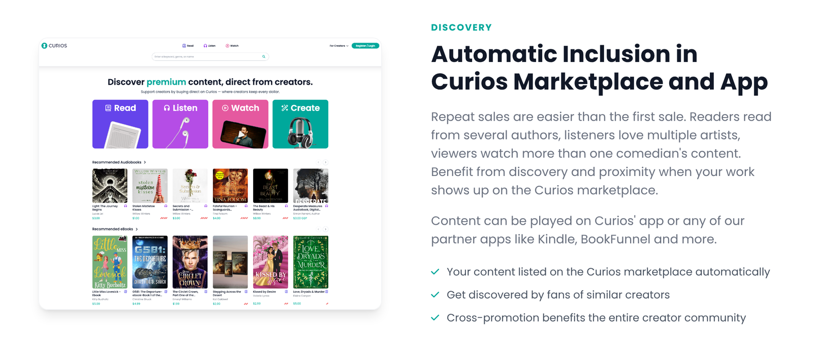 Automatic inclusion in the Curios marketplace and app