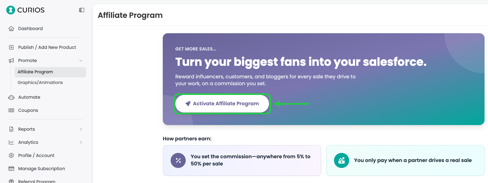 The Activate Affiliate Program button on the Affiliate Program page