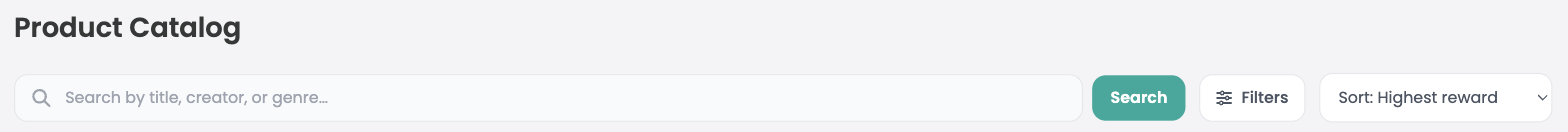 The Product Catalog search bar with Filters and the sort menu