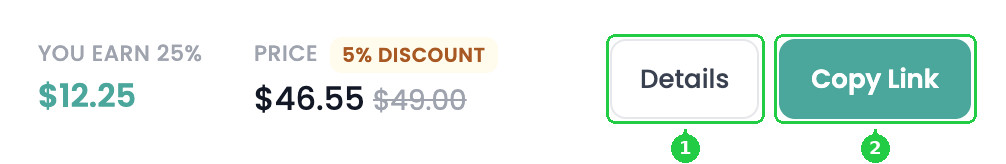A catalog row showing what the affiliate earns, the price, and the Details and Copy Link buttons