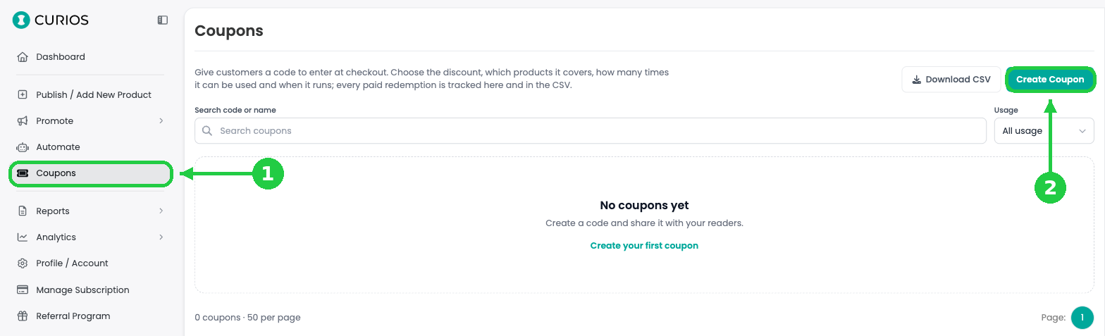 The Coupons page with the Coupons menu item and the Create Coupon button highlighted