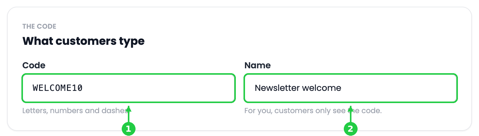 The Code field showing WELCOME10 and the Name field showing Newsletter welcome