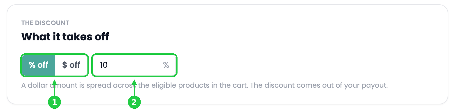 The % off and $ off toggle with 10 entered as the amount