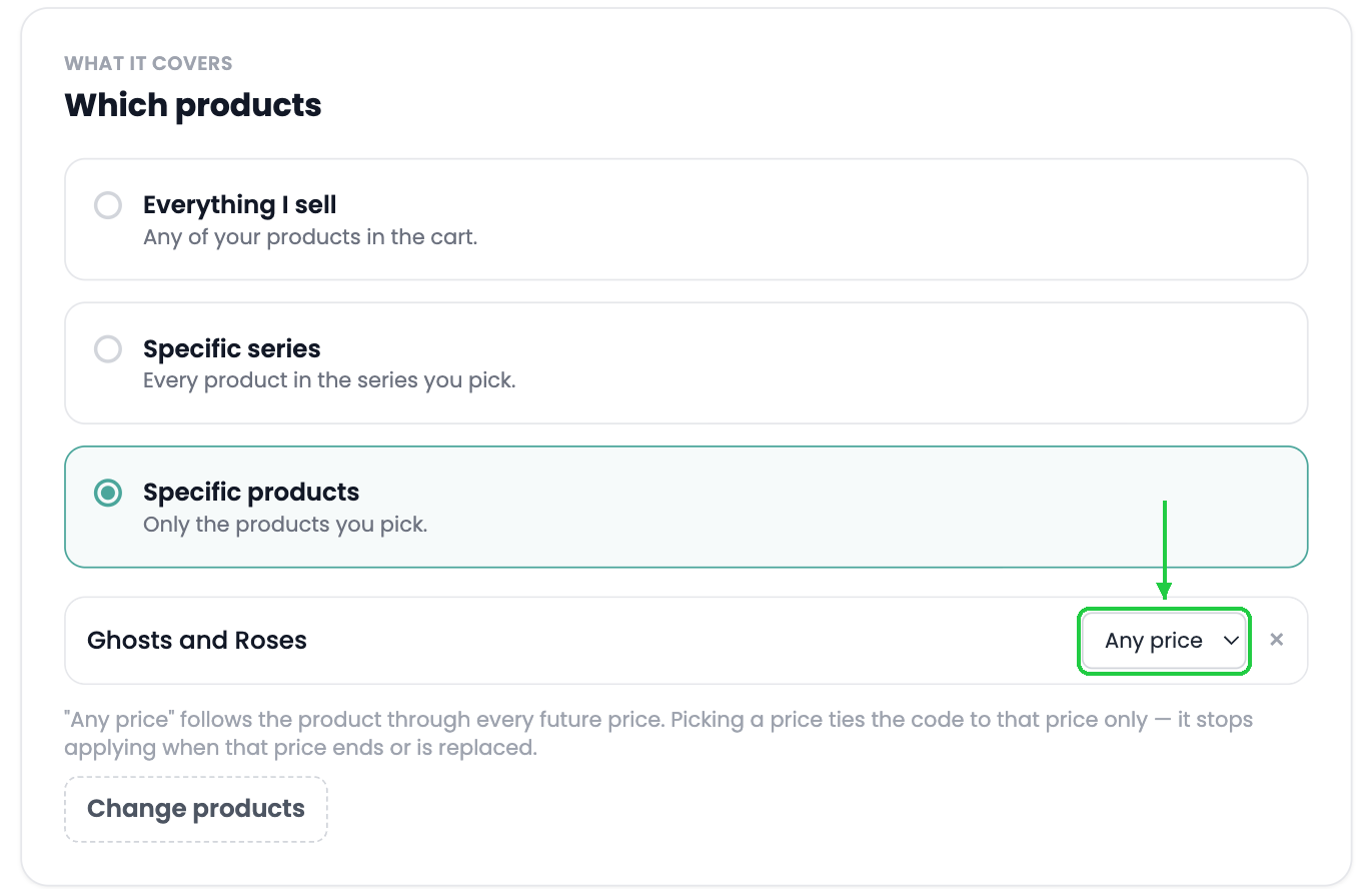 A product picked for the coupon with its Any price menu highlighted